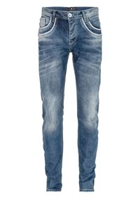 Jean en denim bleu slim-fit avec un léger effet vieilli, cinq poches, coutures blanches et fermeture à bouton à la taille.