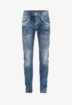 Jean en denim bleu slim-fit avec un léger effet vieilli, cinq poches, coutures blanches et fermeture à bouton à la taille.