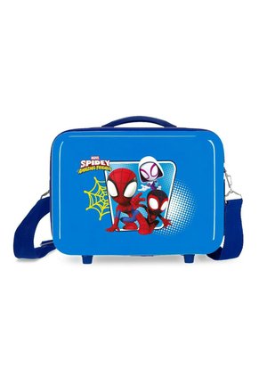 Bolsa rectangular azul para niños con personajes de Marvel Spidey y un diseño de telaraña amarilla, con una correa de hombro ajustable.