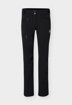 Black outdoor pants with front zipper pockets, two-button waist closure, and a small logo on the upper thigh.