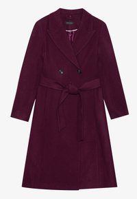 Bordeaux wollen blend jas met een dubbelzijdige knoopsluiting, notch revers en een gestrikt tailleband. Heeft lange mouwen en een gladde textuur.