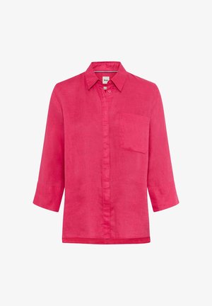 Bright pink long-sleeve shirt with a collar, concealed button placket, and single chest pocket, made from lightweight fabric.