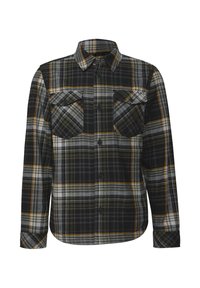 Camicia a maniche lunghe a quadri in nero, grigio e giallo, con due tasche sul petto, chiusura con bottoni e un design del colletto classico.