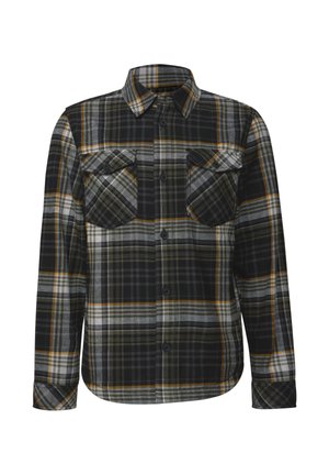 Camisa de cuadros de manga larga en negro, gris y amarillo, con dos bolsillos en el pecho, un cierre de botones en el frente y un diseño de cuello clásico.