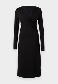 Black long-sleeve dress with a deep V-neck and twisted bodice detail. Designed in a smooth, stretchy fabric for comfort and fit.