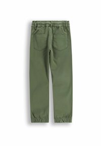 Zielone bawełniane spodnie o luźnym kroju, z elastycznym paskiem w talii, tylnymi kieszeniami i zgromadzonymi zakończeniami. Gładka faktura.