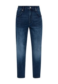 Dunkelblaue Jeans aus Denim mit einem geraden Beindesign, fünf Taschen und Metallknopfverschluss. Glatte Textur mit subtiler Ausbleichung.