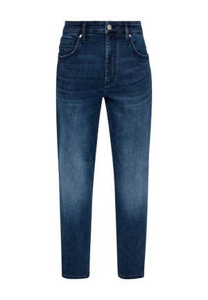 Jeans en denim bleu foncé avec une coupe droite, un agencement à cinq poches et une fermeture à bouton en métal. Texture lisse avec une légère décoloration.