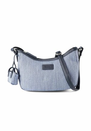 Blaue gewebte Umhängetasche mit schwarzem Lederriemen, Besatz und angebrachter kleiner passender Tasche.