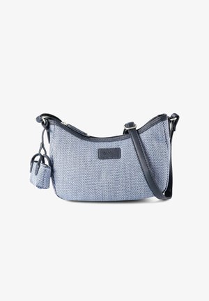 Sac bandoulière tissé bleu avec sangle, bordure en cuir noir et petite pochette assortie attachée.