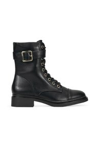 Botas de cuero negras hasta el tobillo con punta redonda, cordones en la parte frontal, hebilla lateral y un tacón bajo y cuadrado. Textura suave con un diseño elegante.
