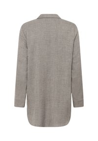 Camicia a maniche lunghe in tessuto grigio chiaro con una finitura testurizzata e colletto classico. Presenta un orlo arrotondato e una vestibilità rilassata.