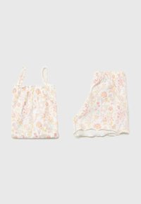 Biela camisolka s kvetinovým vzorom, nastaviteľné ramienka a zodpovedajúce šortky. Má mäkkú textúru, elastický pás a pastelové farby.