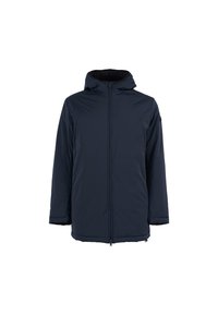 Himmelblauer, gefütterter Kapuzenjacke mit langen Ärmeln, Vorderreißverschluss und elastischen Bündchen. Glattes Material mit einem eleganten, minimalistischen Design.