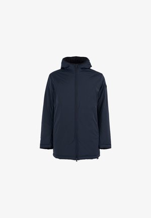 Giacca puffer con cappuccio di colore blu navy, maniche lunghe, chiusura frontale con zip e polsini elastici. Tessuto liscio con un design elegante e minimalista.