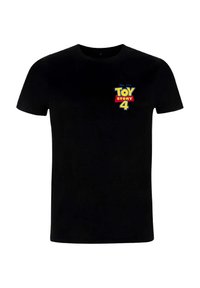 Černé bavlněné tričko s barevným grafickým logem "Toy Story 4" na hrudi. Krátké rukávy, kulatý výstřih, hladká textura.