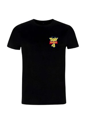 Czarna bawełniana koszulka z krótkim rękawem, z kolorowym nadrukiem logo "Toy Story 4" na piersi. Okrągły dekolt, gładka tekstura.