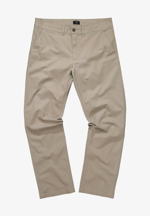 Beige Baumwollhosen mit geradem Schnitt, vorderen Taschen, einem Bund mit Gürtelschlaufen und einem einseitigen Knopfverschluss.