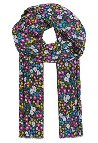 Foulard fleuri avec un fond sombre présentant de petites fleurs roses, bleues, blanches et jaunes, tissu doux et bords frangés.