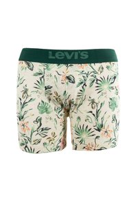 Boxers pour hommes Levi's en crème clair avec une ceinture verte. Présente un motif floral vif aux tons verts et pêche. Texture de tissu douce.