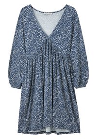 Robe bleu marine avec un col en V, manches longues bouffantes, et une taille froncée, ornée d'un imprimé floral blanc partout. Texture de tissu douce.