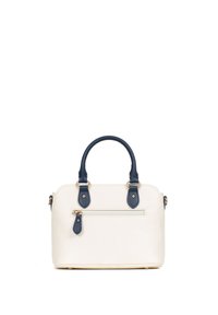 Borsa strutturata bianca con accenti in pelle blu, manici superiori e una tasca con zip sulla parte frontale. I dettagli in metallo dorato arricchiscono il design.