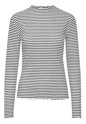 Pikkade varrukatega särk, millel on must-valge triibuline muster, ribakujuline tekstuur ja laineline kaelus, millel on vormitud siluett.