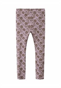 Leggings côtelés lilas avec un motif floral marron couvrant l'ensemble, présentant une coupe ajustée et une taille élastique.
