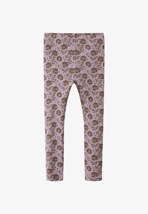 Leggings côtelés lilas avec un motif floral marron couvrant l'ensemble, présentant une coupe ajustée et une taille élastique.