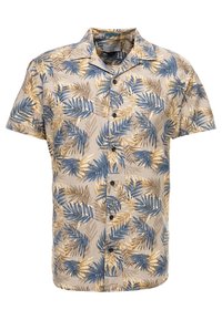 Short-sleeve button-up shirt made of lightweight fabric, featuring a beige background with blue and gold leaf patterns and black buttons.