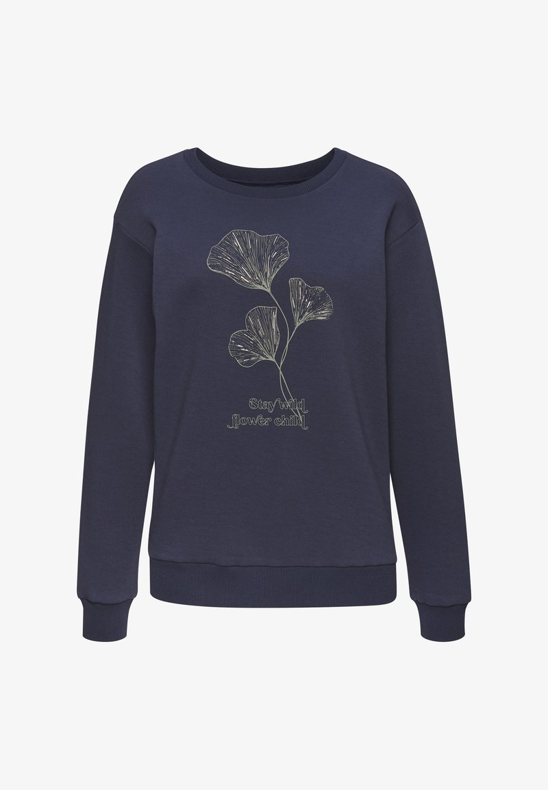 Sweatshirt bleu marine en tissu doux, arborant un imprimé botanique de feuilles et le texte "Reste sauvage, enfant des fleurs" en couleur claire.