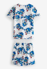 Sonic the Hedgehog themapijamaset van zachte katoen; heeft een blauw-witte kleurenschema met cartoonafbeeldingen en shorts met elastische taille.