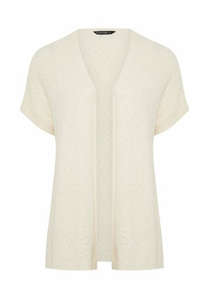 Roomwitte gebreide cardigan voor dames, kort model met korte mouwen, open voorkant, met een subtiel gestructureerd patroon en geribbelde randen, gelabeld Evans, in plusmaat 18.