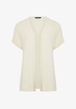 Roomwitte gebreide cardigan voor dames, kort model met korte mouwen, open voorkant, met een subtiel gestructureerd patroon en geribbelde randen, gelabeld Evans, in plusmaat 18.