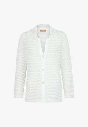 Hvid tekstureret strikket cardigan med krave og tre knapper foran, med honningkagemønster og lange ærmer.