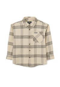 Beige geruite shirt van zachte stof, met zwarte ruitpatronen, een knoopsluiting aan de voorkant en een borstzak met een label.