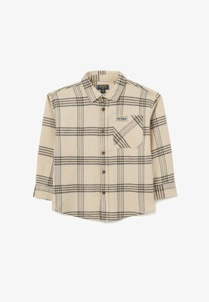 Beige geruite shirt van zachte stof, met zwarte ruitpatronen, een knoopsluiting aan de voorkant en een borstzak met een label.