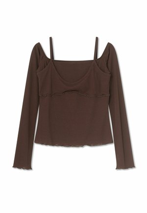 Bruine top met lange mouwen en off-shoulder ontwerp met dunne spaghetti bandjes, voorzien van een gerimpelde naad over de borst en zoom.