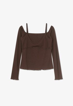 Hnědý top s dlouhým rukávem s odhalenými rameny a tenkými špagetovými ramínky, s řaseným švem přes hrudník a lem.
