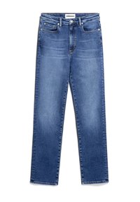 Blue straight-leg jeans with front pockets, belt loops, metal button, and faded detailing on thighs and knees.