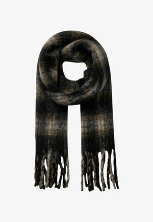 Sort og brunternet tørklæde lavet af blødt stof, med flossede ender og et loop-design for varme.