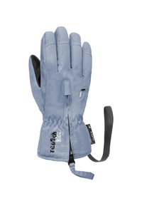 Blaue isolierte Handschuhe mit wasserabweisendem Außenmaterial, schwarzer texturierter Handfläche, elastischem Bündchen und verstellbarem Riemen für einen sicheren Sitz. Branding am Handgelenk.