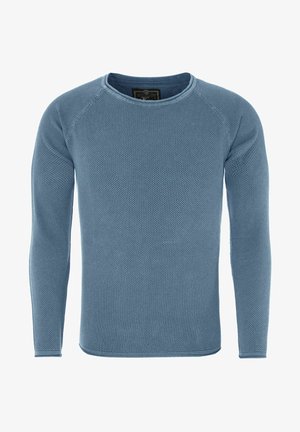 Blue long-sleeve sweater with a textured, knitted pattern and a round neckline. Features raglan sleeves and a straight hem.
