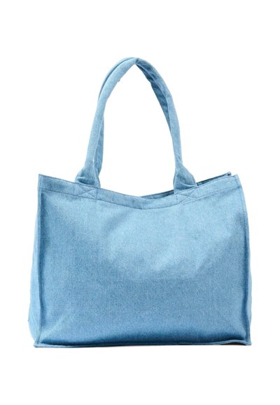 Borsa a tracolla in denim azzurro chiaro con due manici, forma rettangolare e base piatta, mostrata su uno sfondo bianco.