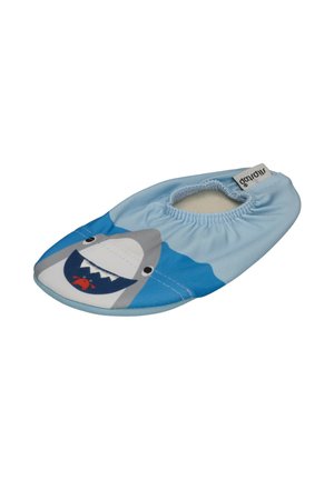 Soft blue toddler shoe with an elastic opening, featuring a cartoon shark face and a small red crab in the shark's mouth.