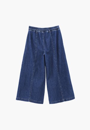 Wijde, cropped blauwe denimbroek met elastische tailleband en riemlussen, voorzien van verticale naailijn details aan de voor- en achterkant.