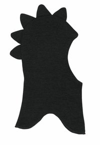 Balaclava neagră tricotată, cu un finisaj texturat, având un design cu vârfuri în partea de sus și o deschidere pentru față. Margini definite și material moale.