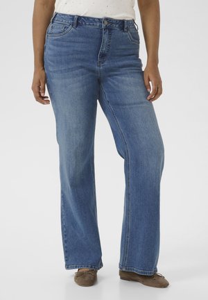 Blue denim high-waisted jeans with a straight leg cut, featuring belt loops, pockets, and a slightly faded finish.