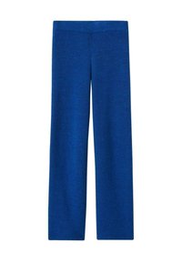 Blauwe gebreide broek met ruime pijpen, een soepele textuur en een elastische tailleband, met een rechte snit en zonder zichtbare hardware of accenten.