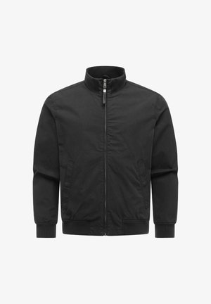 Giacca nera con zip, collo, polsini e orlo a costine, dotata di due tasche laterali e di una linguetta della cerniera in metallo.